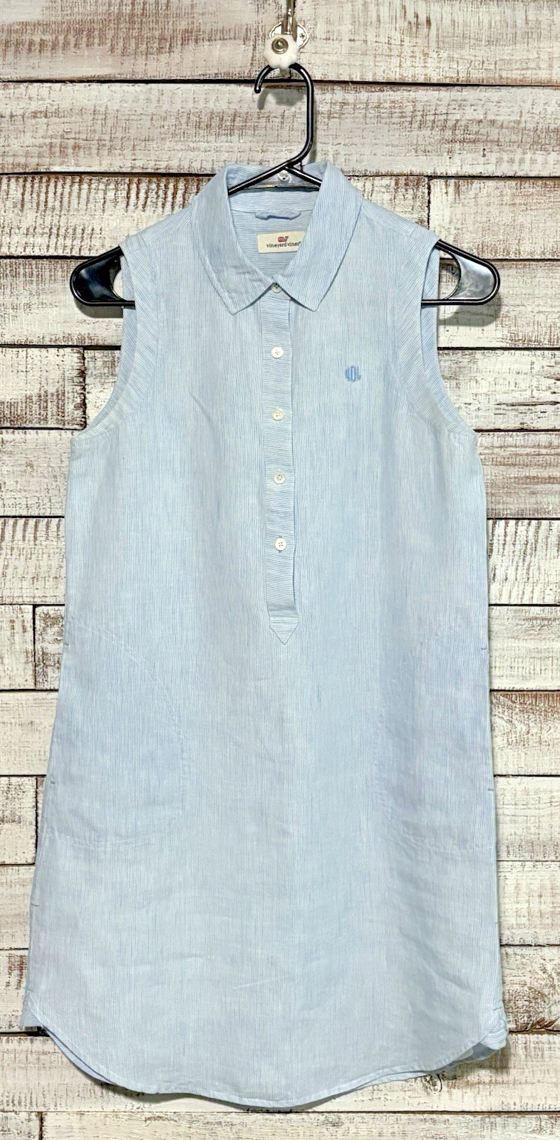 VINEYARD VINES 100% Linen Sleeveless Popover Shirt Dress Blue White Stripe Sz 0