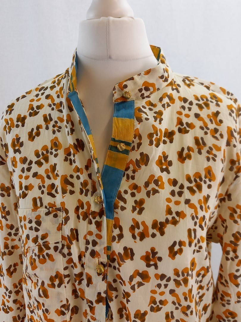 Lisa Corti Maxi Dress Size S Kaftan Animal Print Cotton Button Neck
