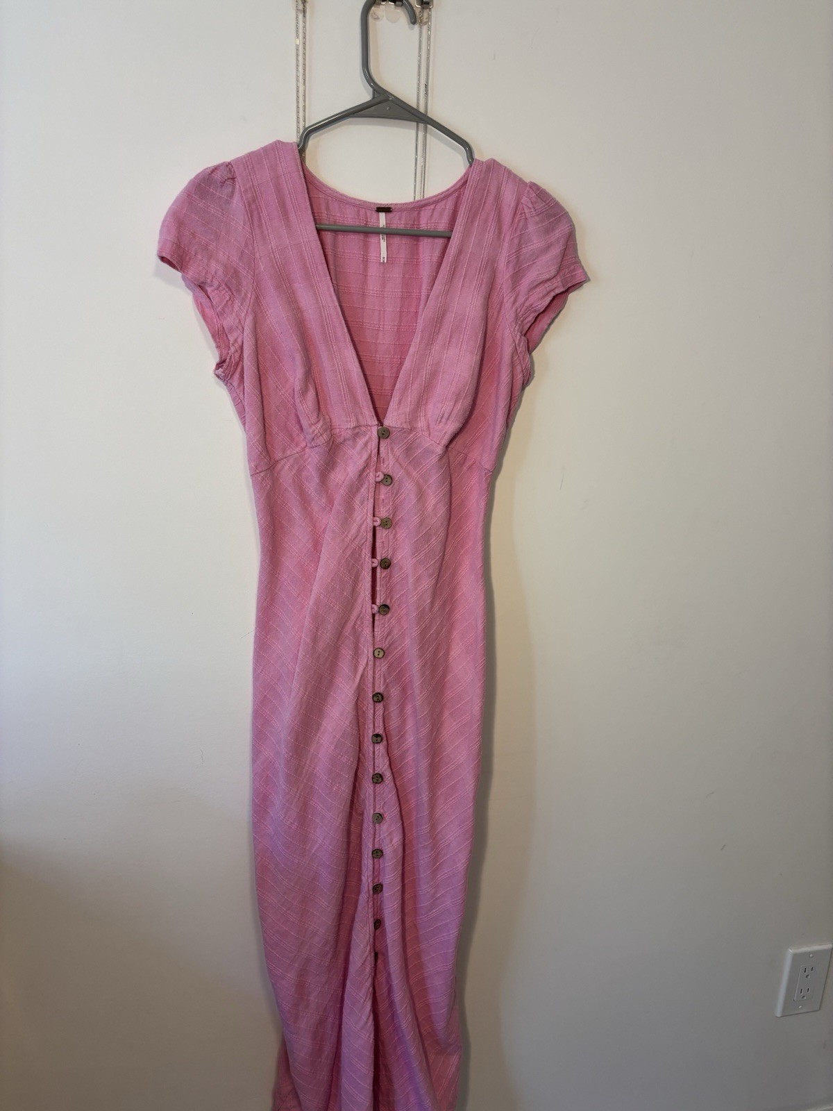 Free People Pink Rayon Woven Solid V-Neck Button Front Cap Sleeve Maxi Dress M