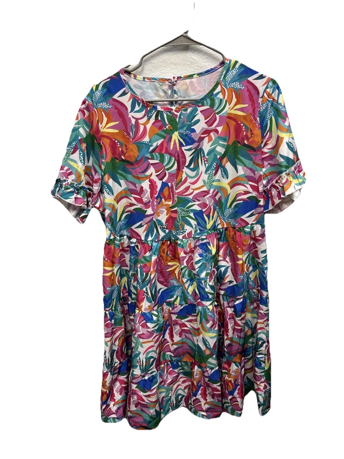 Floral Dress Women Tiered XL Pullover Keyhole Button Neckline Ruffle Sleeve