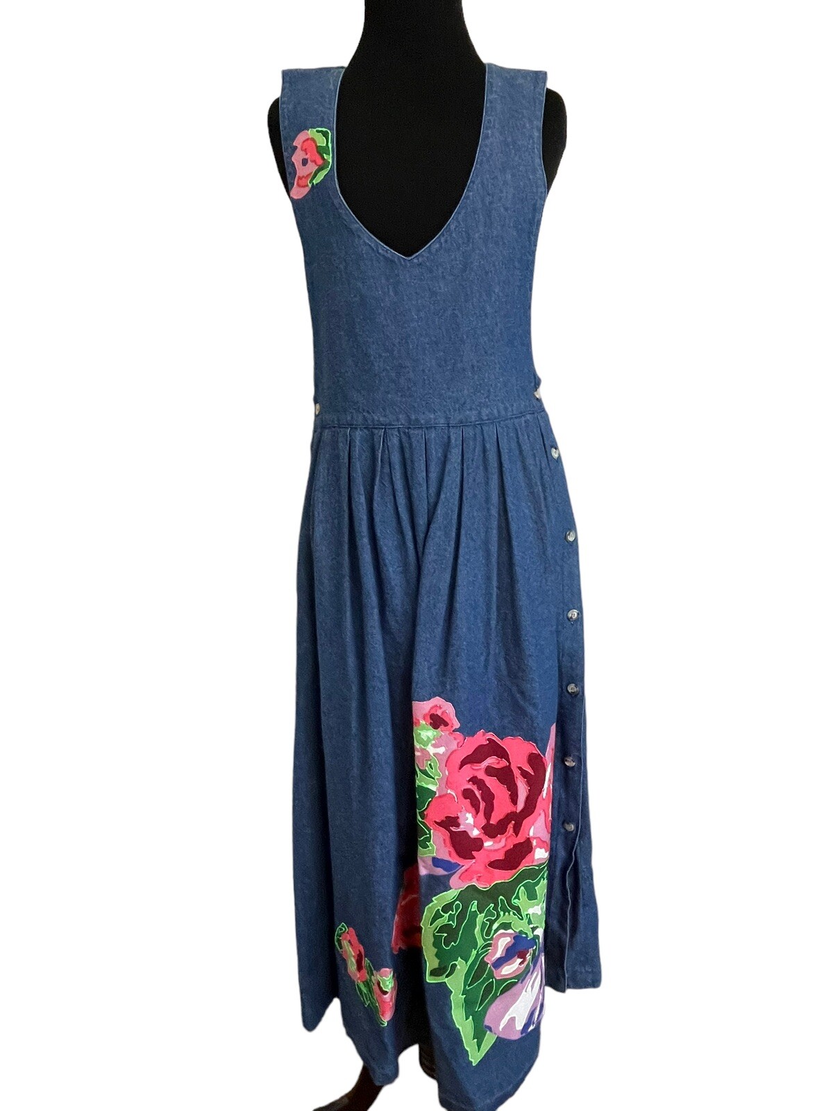 VTG Denim Jumper Dress Art To Wear Floral Size S Hand Painted Puffy Rose