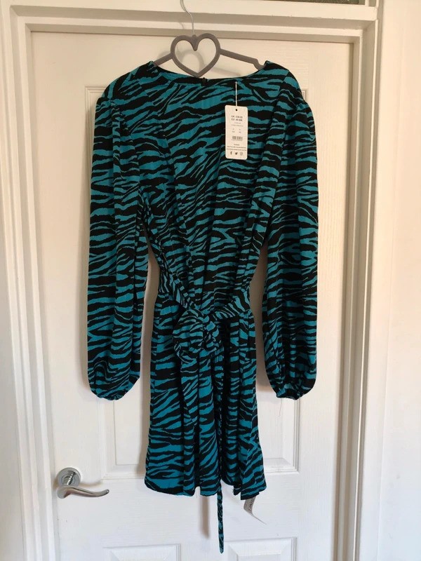Gini London Blue Black Zebra Print Mini Dress UK 16 BNWT Long Sleeve Tie Waist