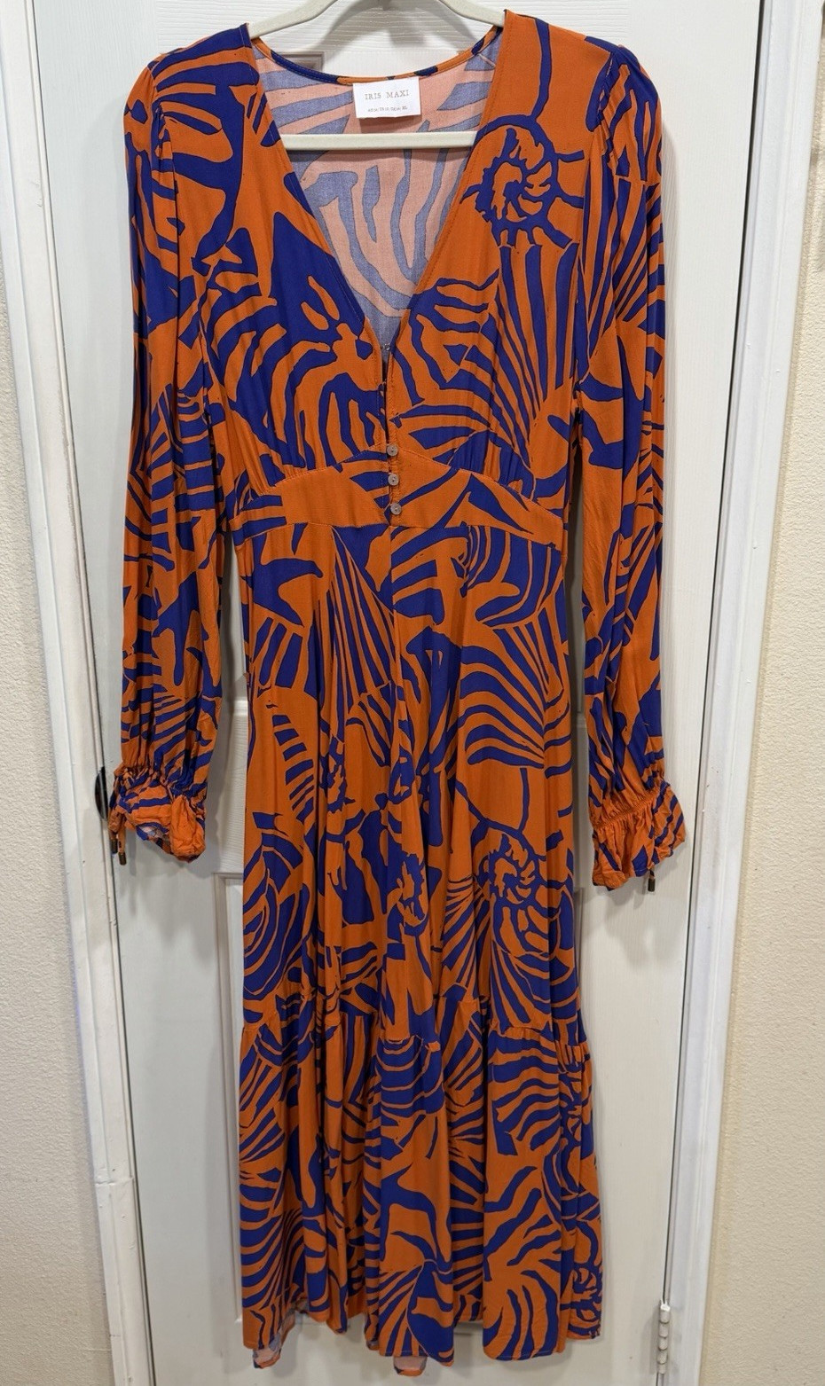IRIS MAXI Women’s XL Orange Blue V-Neck Long Sleeve Midi Dress