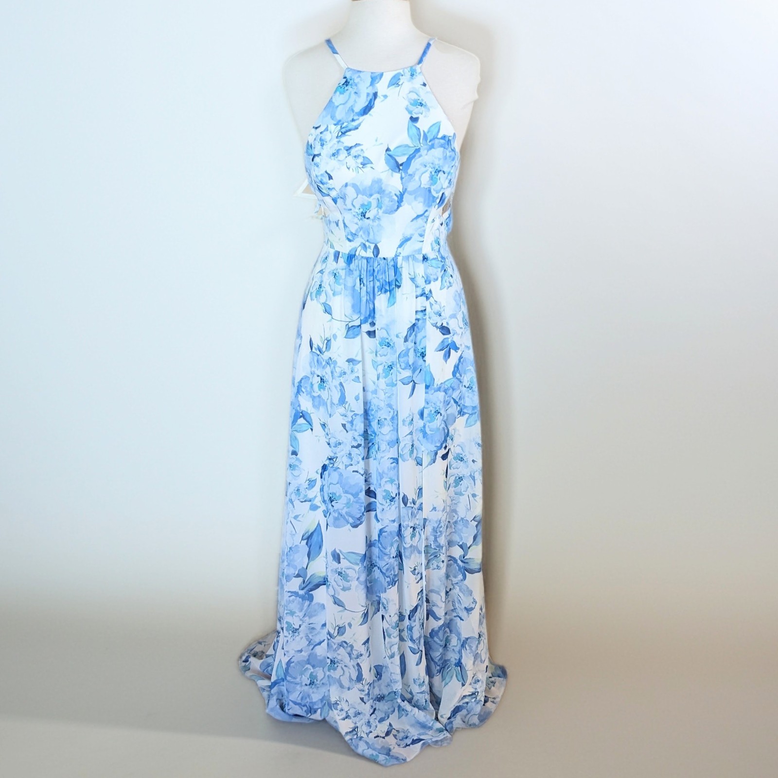 Morgan & Co Blue Floral Halter Maxi Dress Size 5 Chiffon Prom Formal Wedding