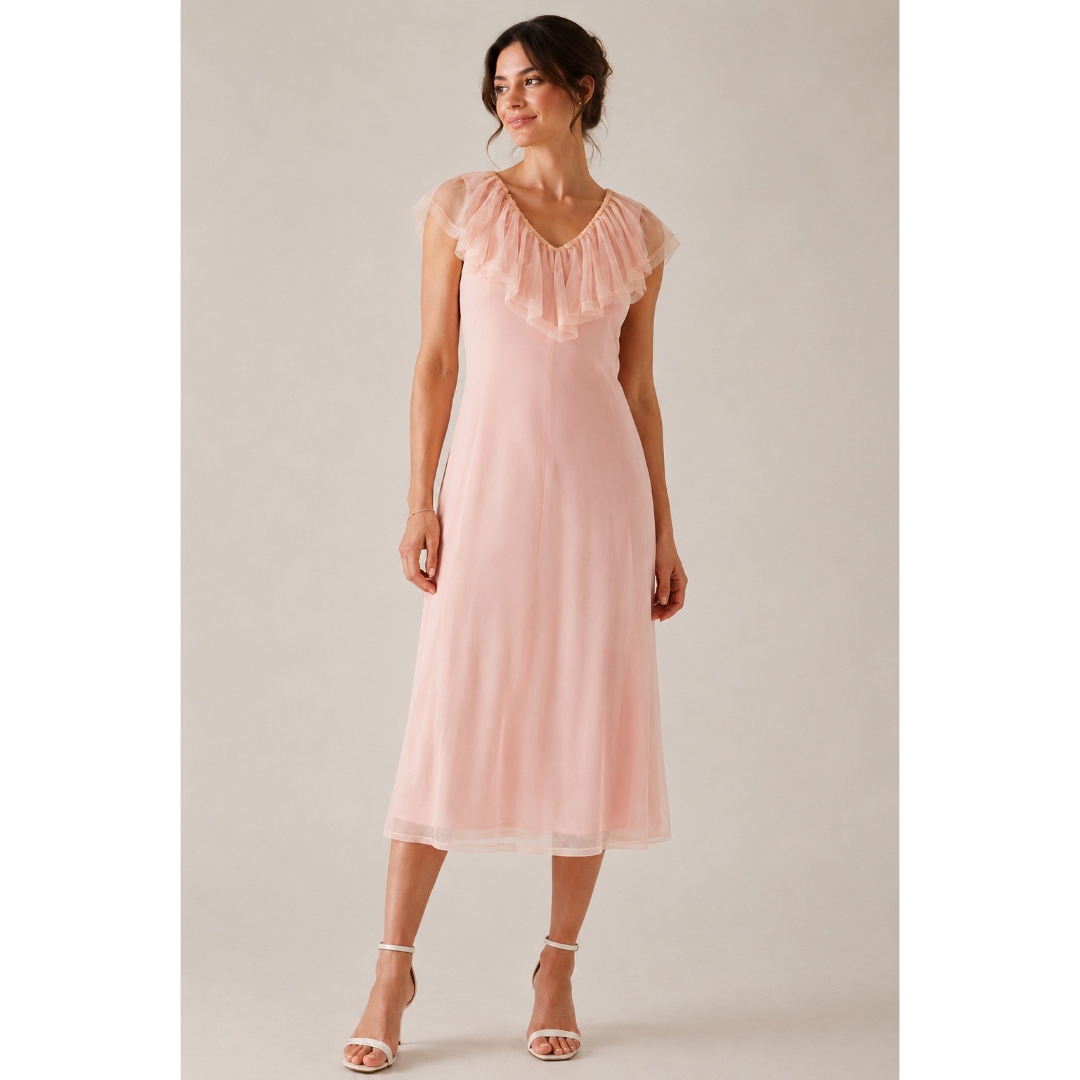 American Glamour Badgley Mischka Pink Mesh Sequin Ruffle Midi Dress Medium