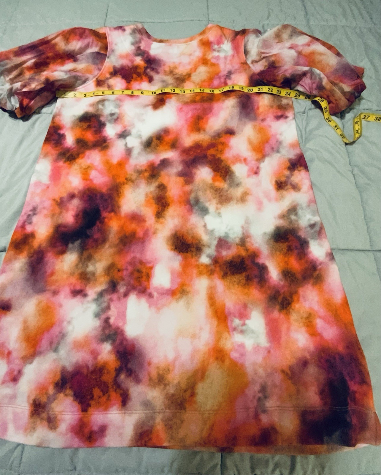 Chicos Shift Dress Size XL Watercolor Tye Die Pattern Puff Sleeves Pockets