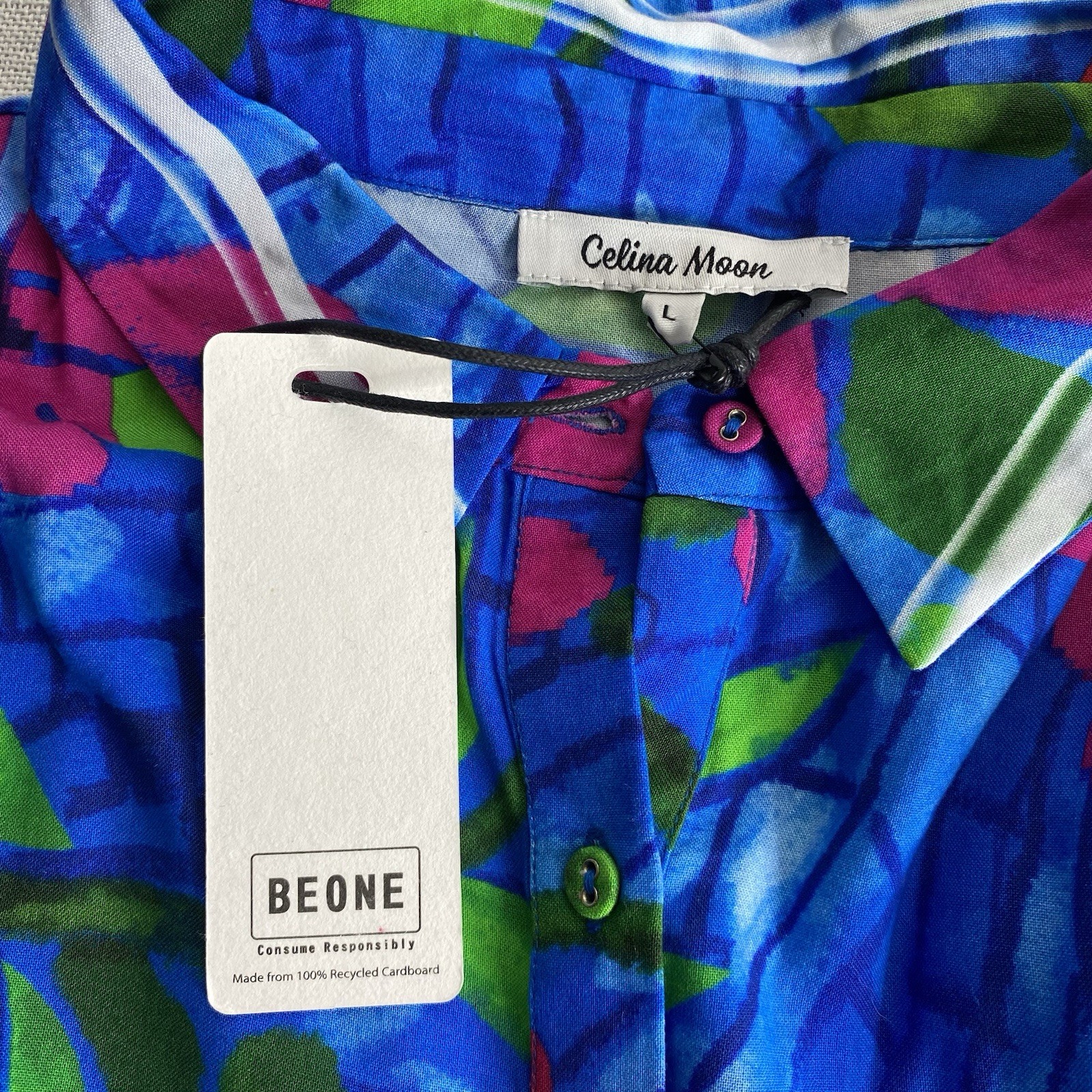 Celina Moon Blue Floral Button Front Midi Dress Pocket Long Sleeve Sz Large
