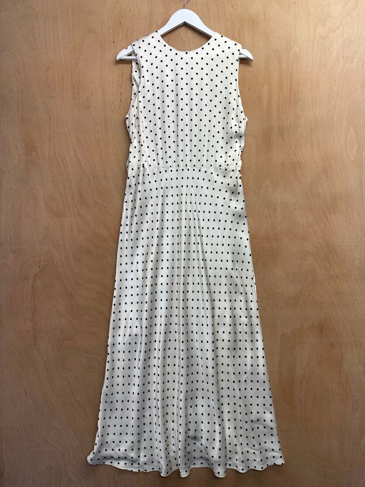 M&S UK 12 Satin Polka Dot Ruched Midaxi Bais Tie Waist Dress Cream Black Dress