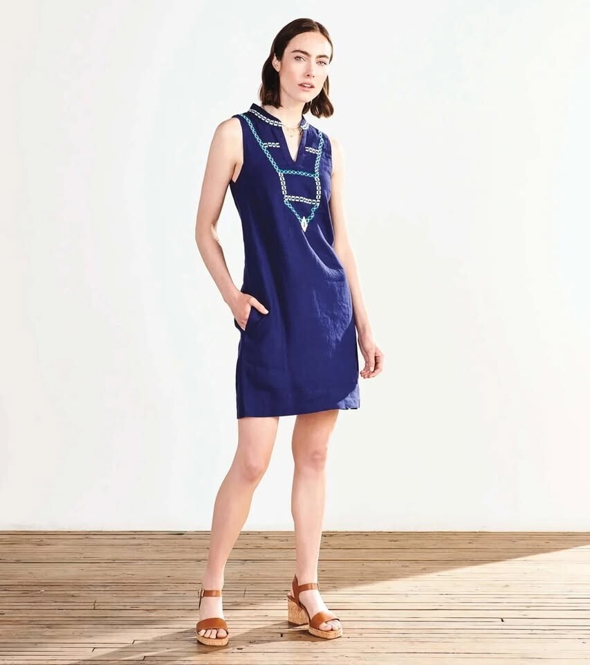 Hatley Marin Shift Dress Large L BNWT Patriot Blue Linen Sleeveless Notch Pocket
