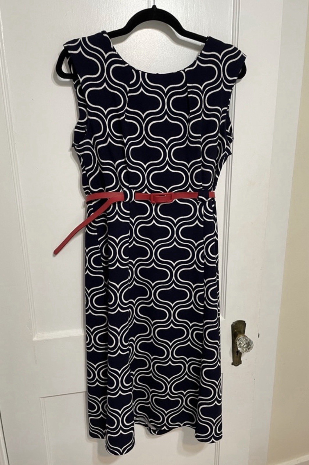 Shelby & Palmer Retro Mod Belted Dress Size 14 Navy Geometric Mad Men Midi Dress