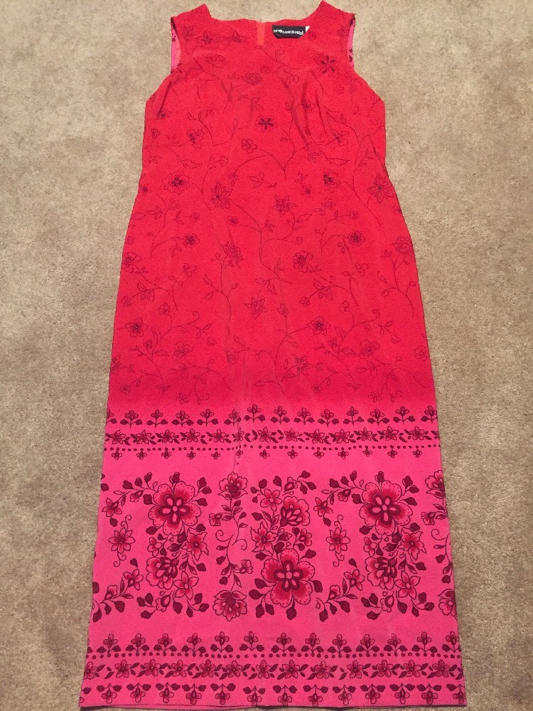 Vintage Womens Sag Harbor Red Pink Floral Midi Shift Dress Size 10 Slit At Back