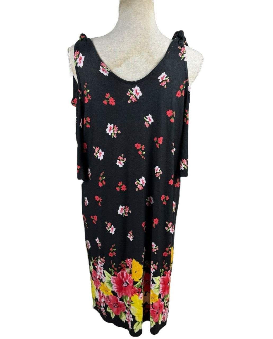 Black Floral Summer Dress Cold Shoulder Sleeve Knee Length Women’s UK Size 14