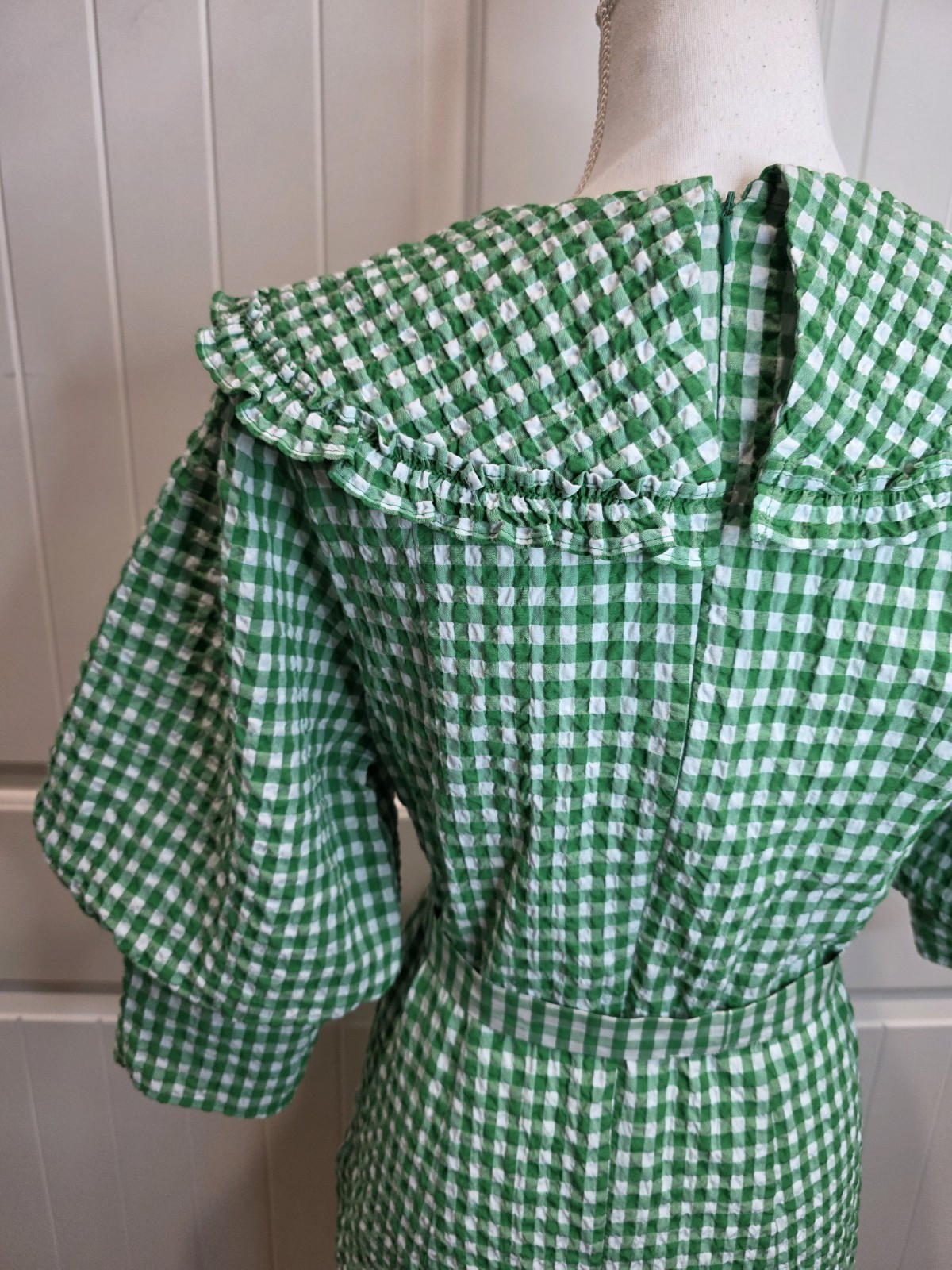 Reserved Green Gingham Seersucker Mini Dress Peter Pan Collar Belted EU40 UK12