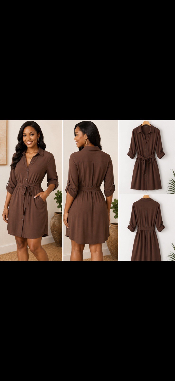 Chocolate Brown Button Front Dress With Tie Belt And Pockets