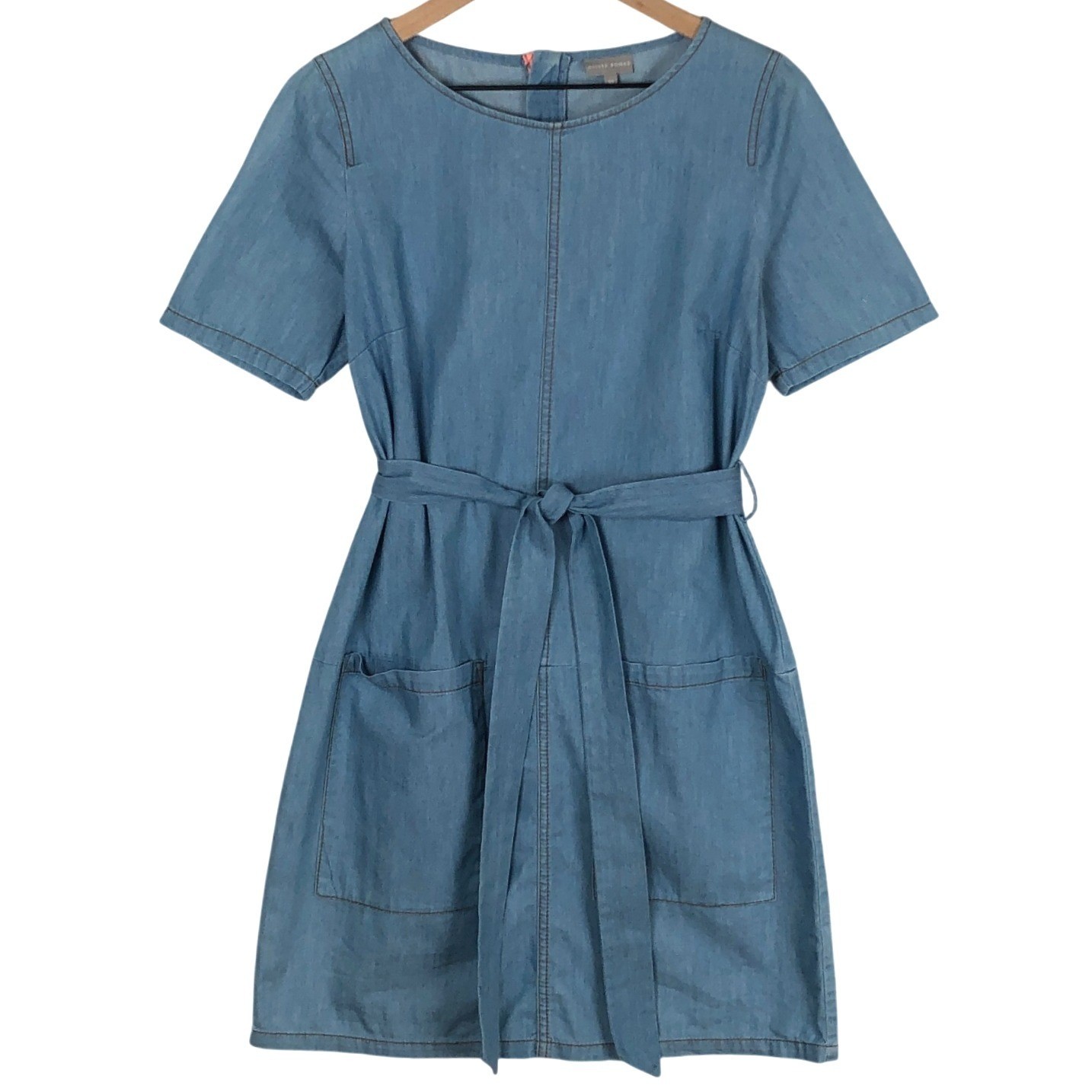 OLIVER BONAS 100% Cotton Denim Tie Waist Midi Shift Dress Sz 10 Blue Pockets Tie