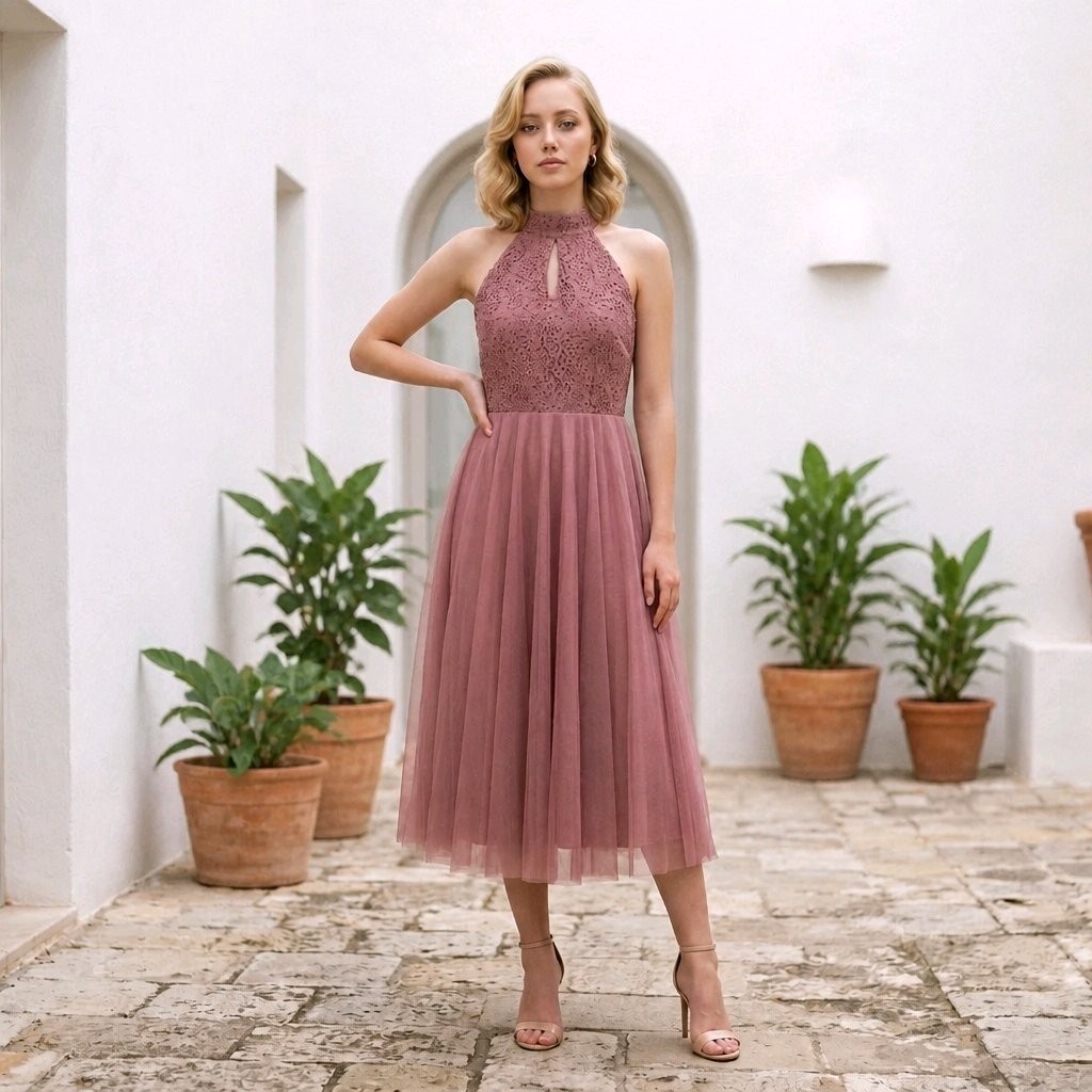 Little Mistress Dusty Pink Lace Tulle Midi Dress UK 10 Prom Wedding Bridesmaid