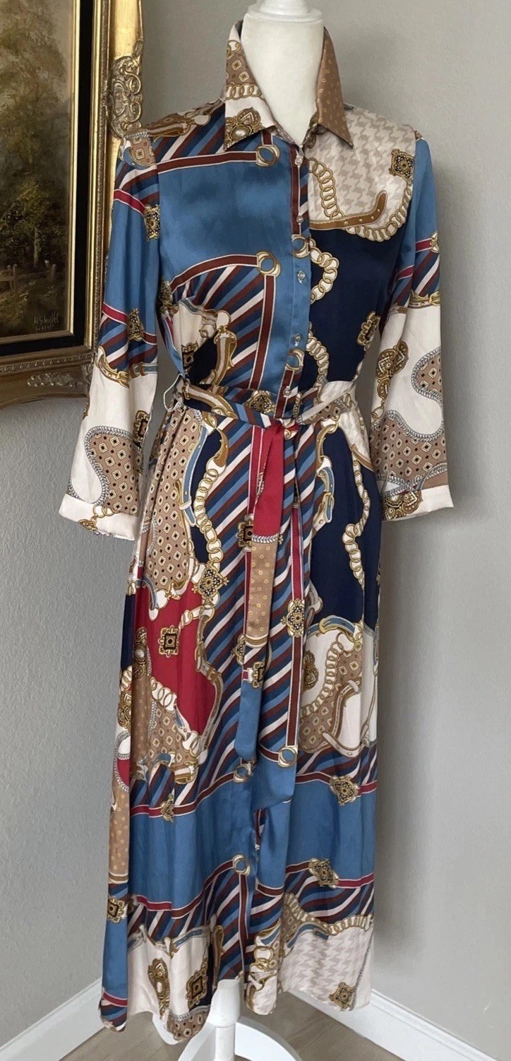 ZARA Chain Pattern Scarf Print All Over Shirt Dress Sz S Midi Equestrian GUC