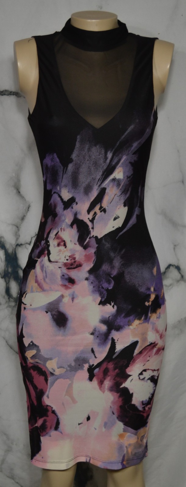 VENUS Black Multicolor Floral Sleeveless Dress XS High Neckline Sheer V Open Bck