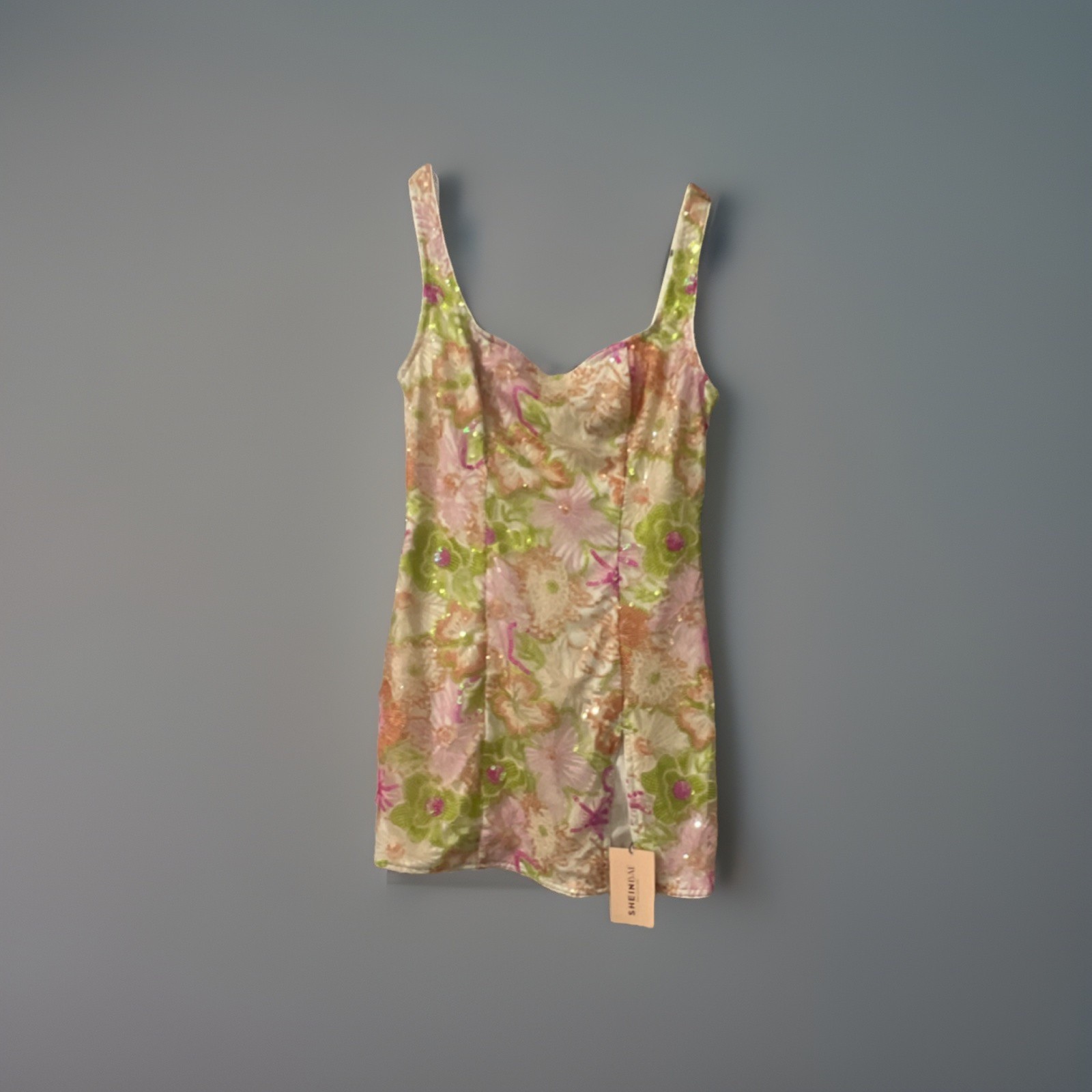 SHEINBAE Floral Sequin Lace Mini Slip Dress Strappy Sleeveless Multicolor Short