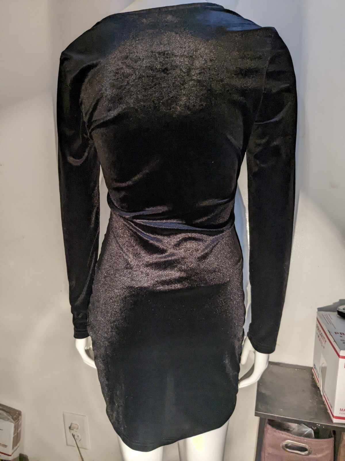 Shein Black Velvet Rouched Cinched Waist Long Sleeve Mini Dress Sz Medium