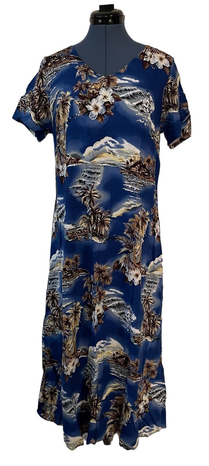 VTG Hilo Hattie Womens Blue Brown Palms Hawaiian Short Sleeve Maxi Dress Beach M