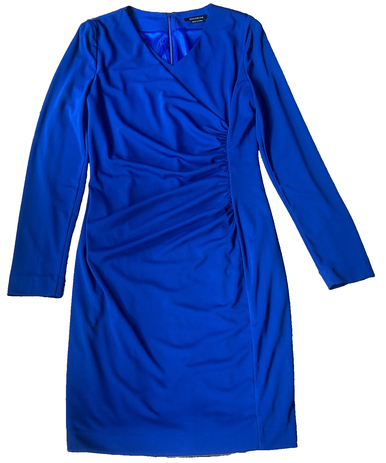 Shesmiss Blue Long Sleeve Polyester V-Neck Ruched Dress Made In Korea, Sz 4 -EUC