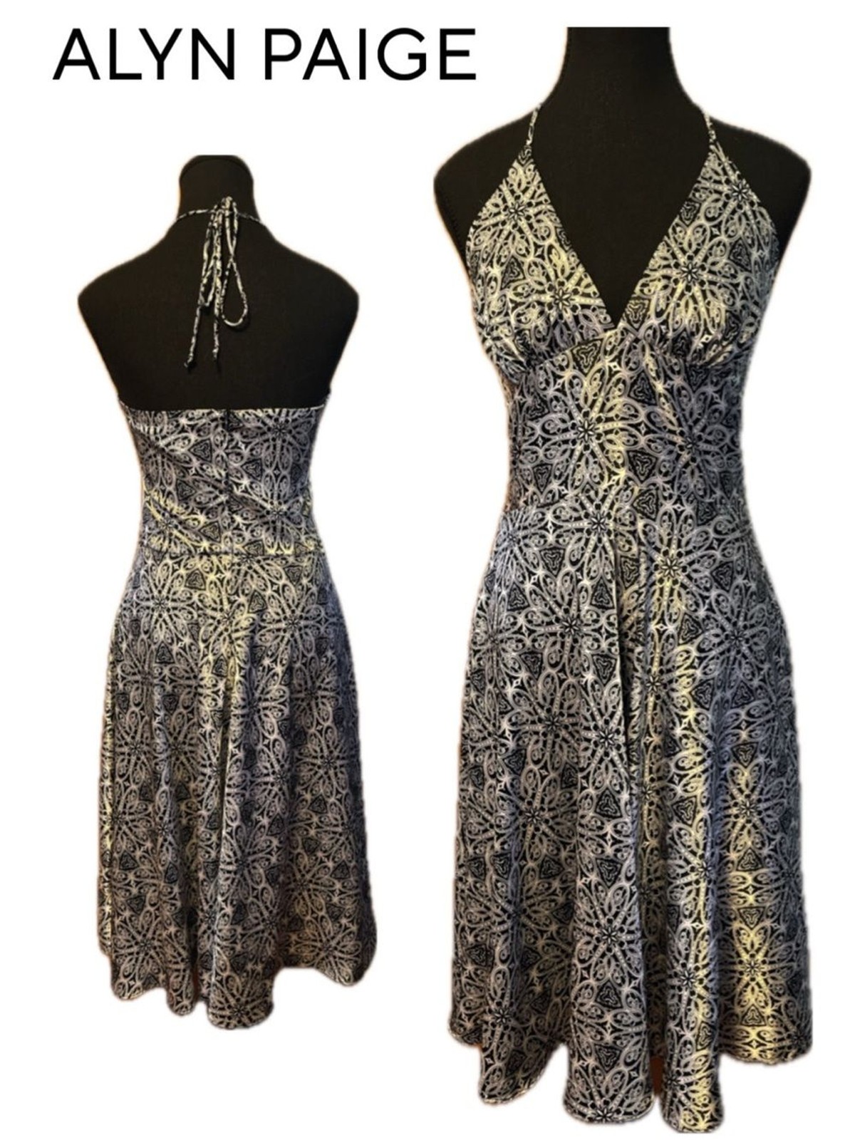 Vintage 90s Y2K Alyn Paige Metallic Halter Babydoll Dress Damask Midi Backless