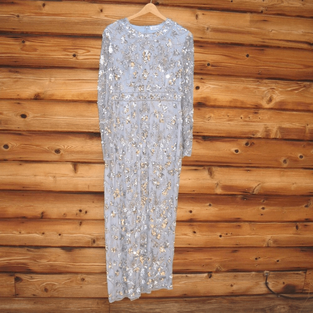 MAC DUGGAL 93939 Womens High Neck Long Sleeve Embellished Column Gown Dress Blue