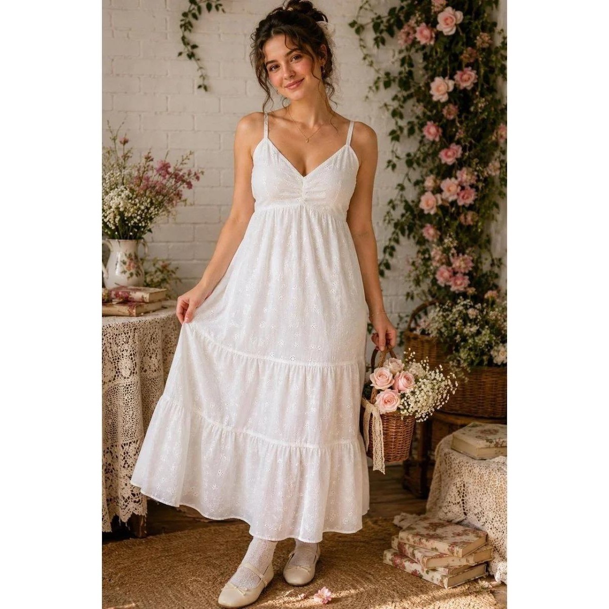 Ophelia Roe Eyelet Maxi Dress Large White Tiered Embroidered Boho Cottagecore