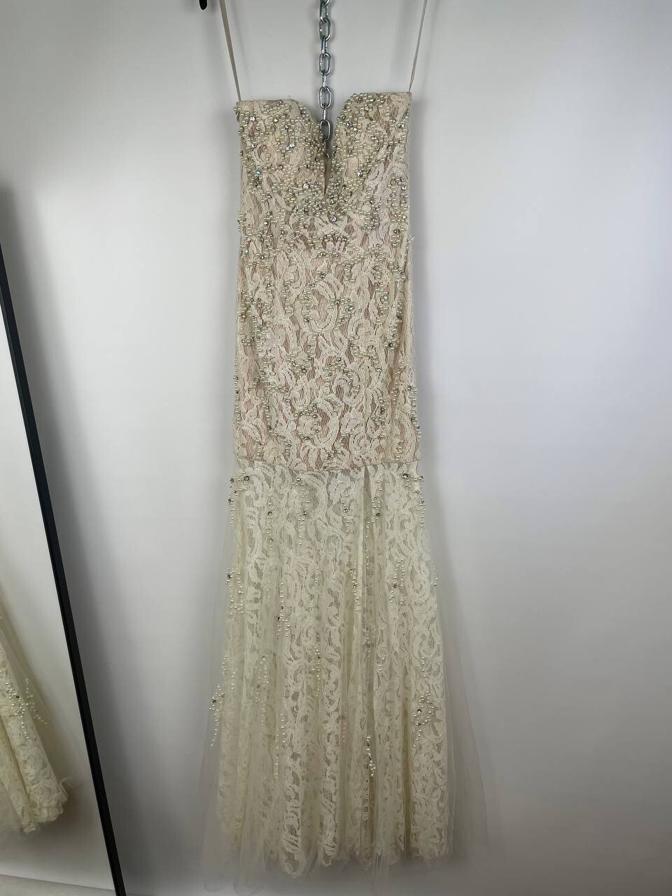 Jovani Strapless Lace Gown Beaded Pearl Nude Ivory Dress Sz 4 Small Prom Formal