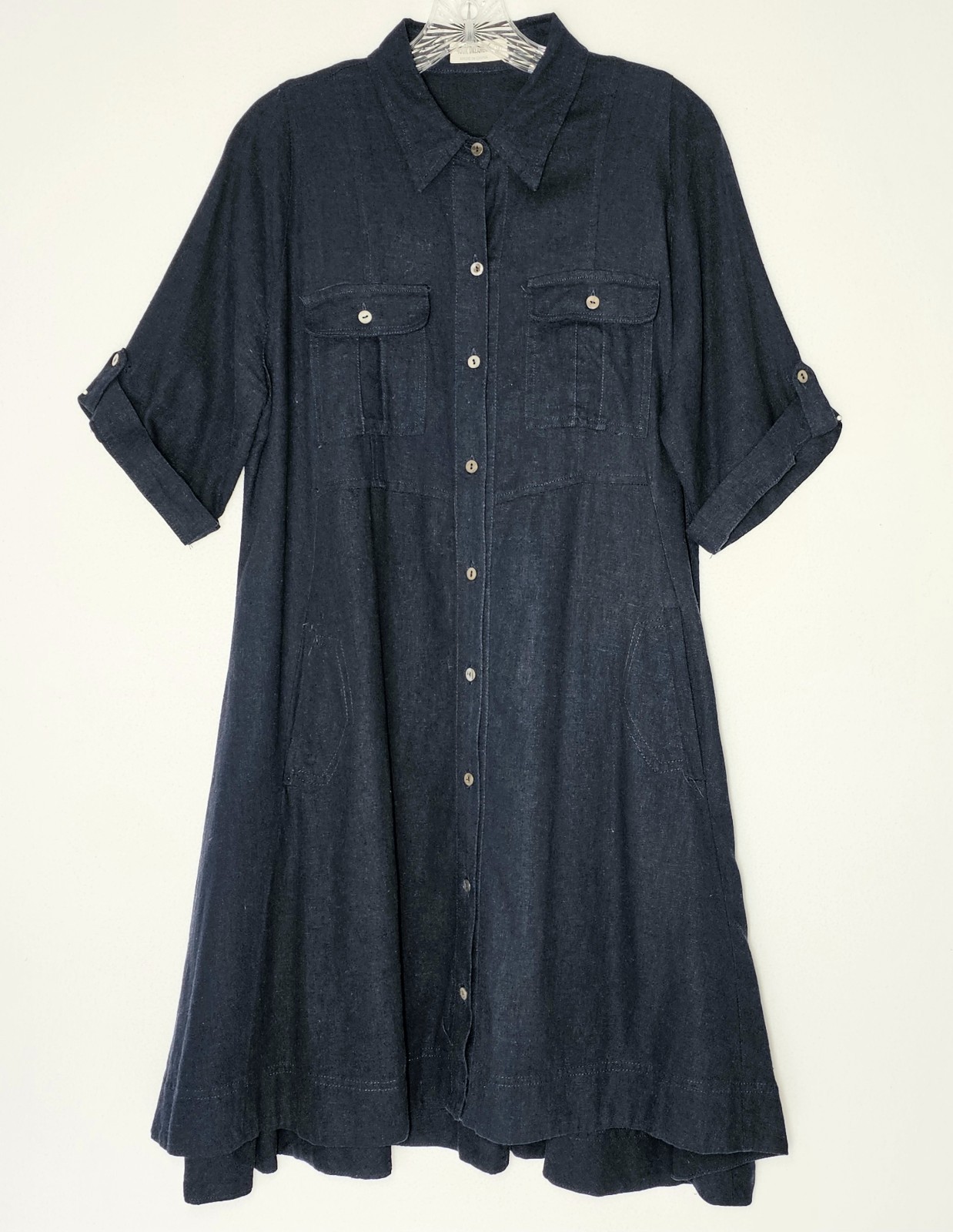 Navy Blue Linen Blend Shirt Dress Roll Tab Sleeves Medium Classic Minimalist