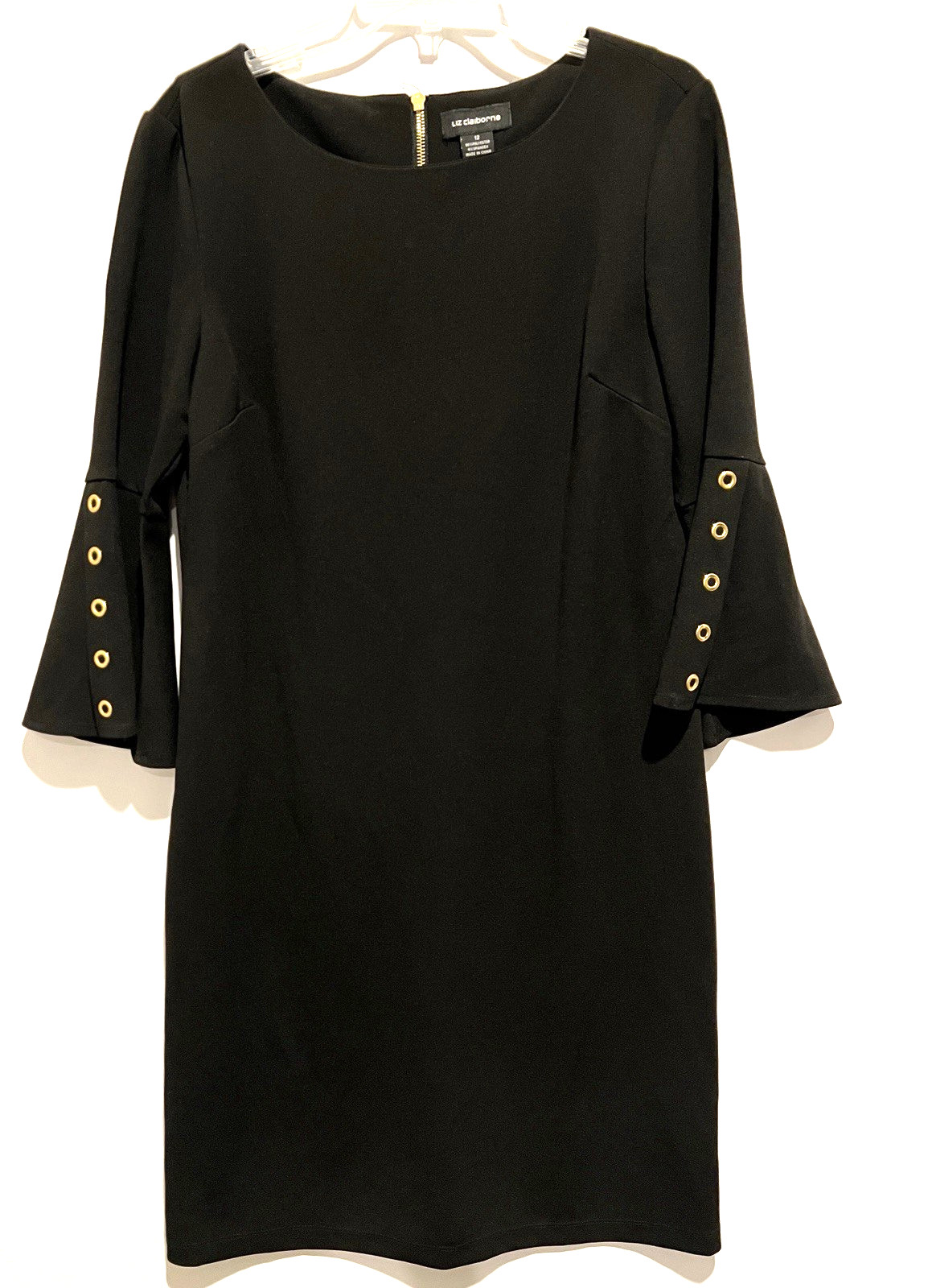 Liz Claiborne Womens 12 Black Dress Bell Polyester Sleeves LBD RN 93677