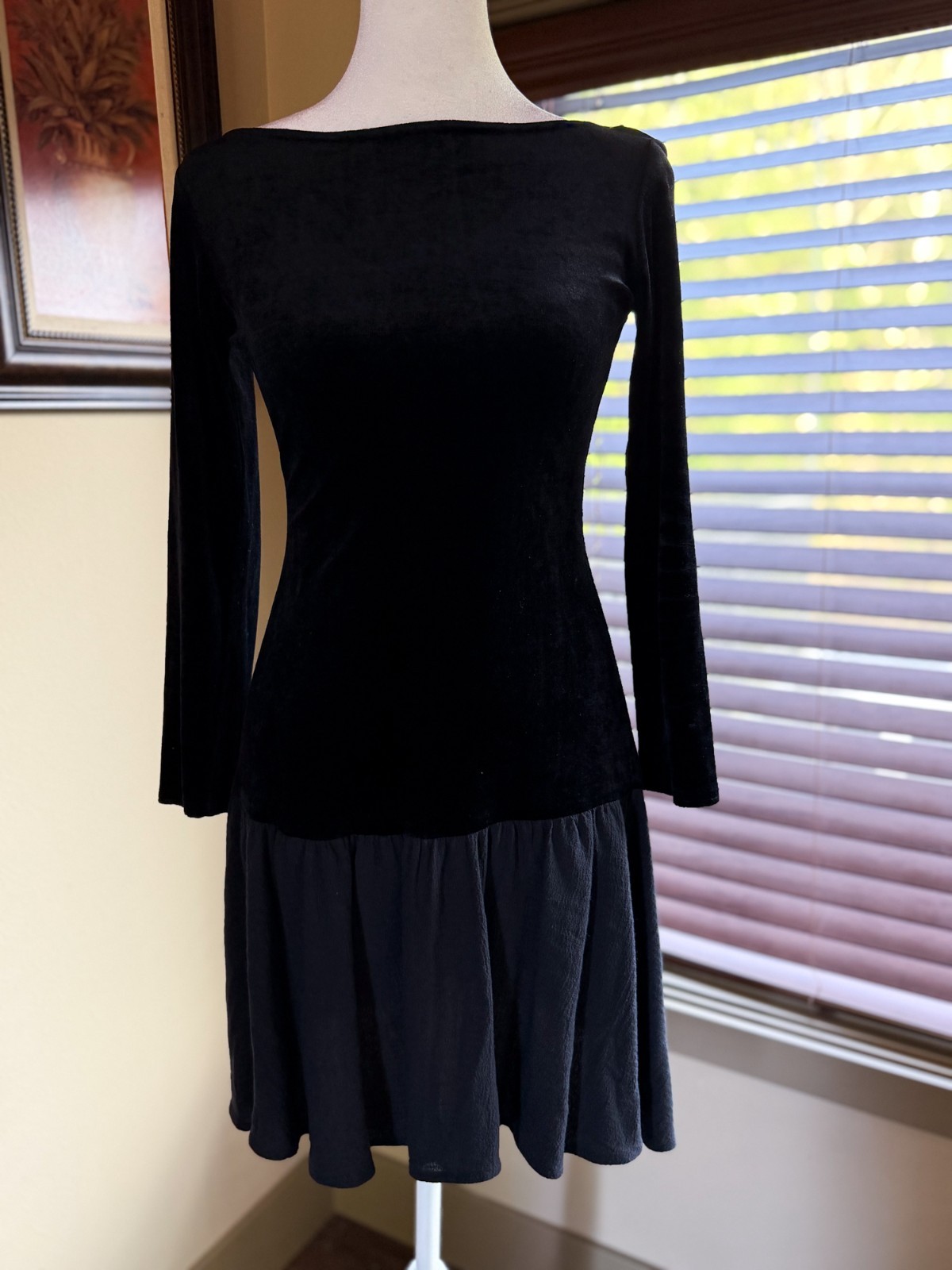Black velvet long sleeve size small dress with chiffon skirt