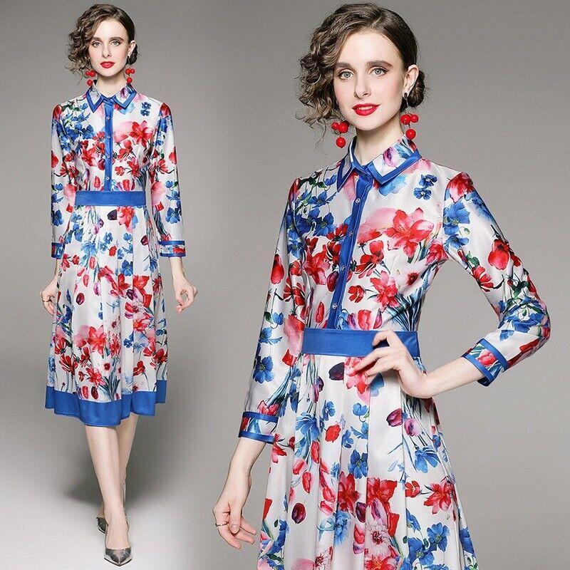 Spring Summer Runway Floral Print Collar Long Sleeve Women Party Midi Dresses