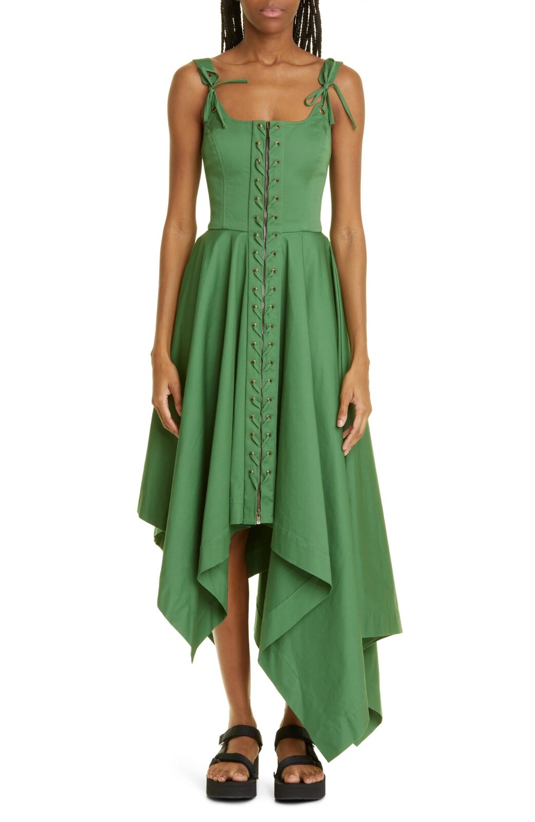 MONSE Laced Front Asymmetric Stretch Cotton Midi Dress Green Sz 10 Org $1,290