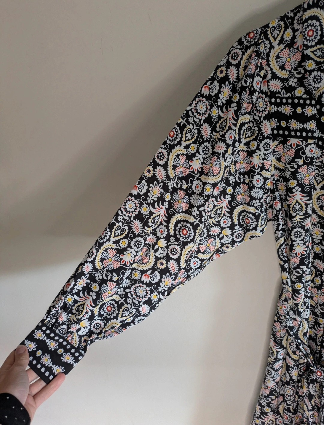 Boden UK 8 Paisley Coloured Mini Shirt Dress Floral Tie Waist Long Sleeve Black