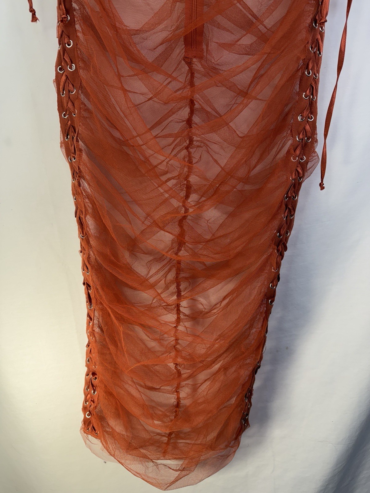 Rehab Lab Sheer Ruched Rust Midi Dress Sz L Tie Up Sides Stretchy Festival Party