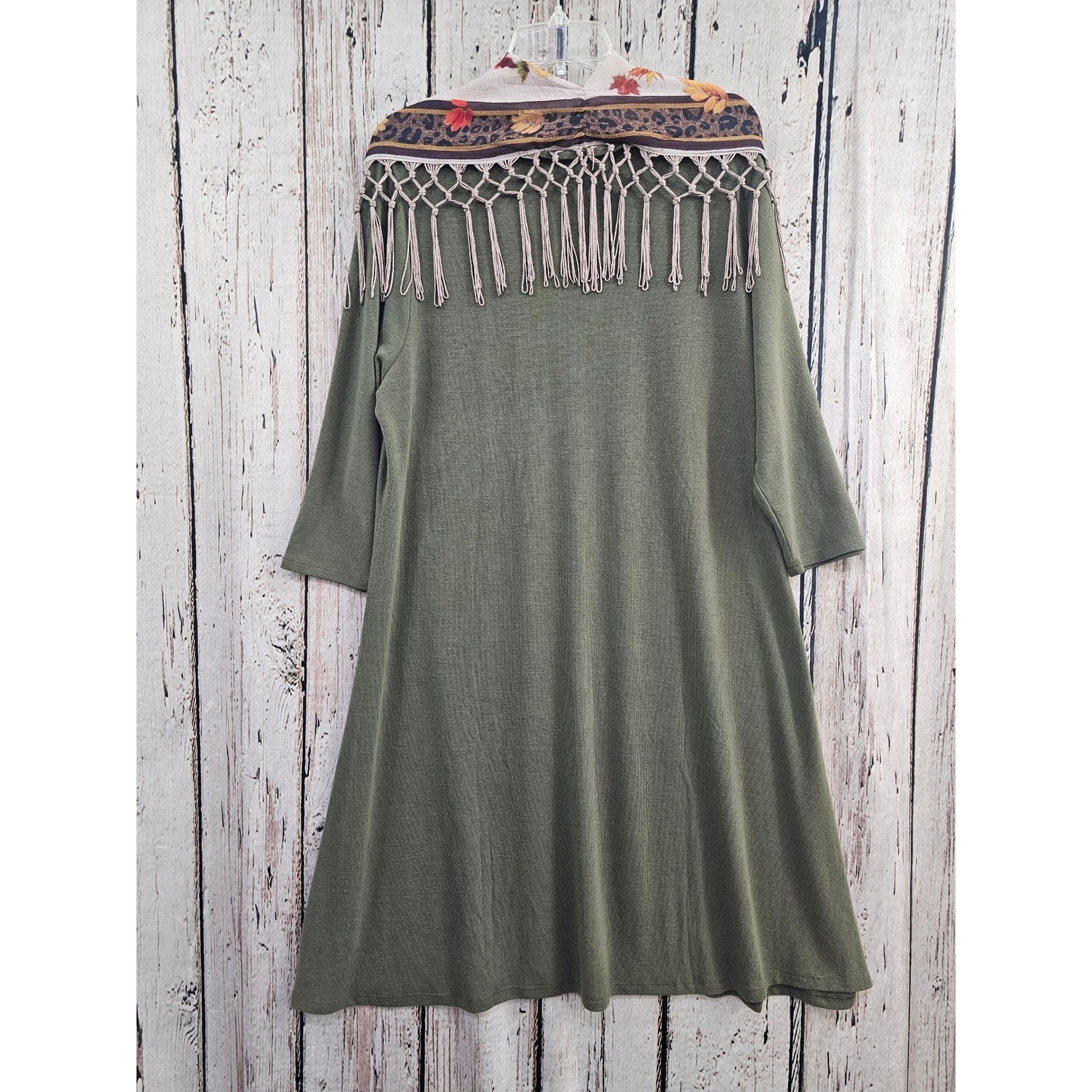 Cactus + Pearl Tunic Dress XL Olive Fall Autumn w Leaf Leopard Fringe Scarf New