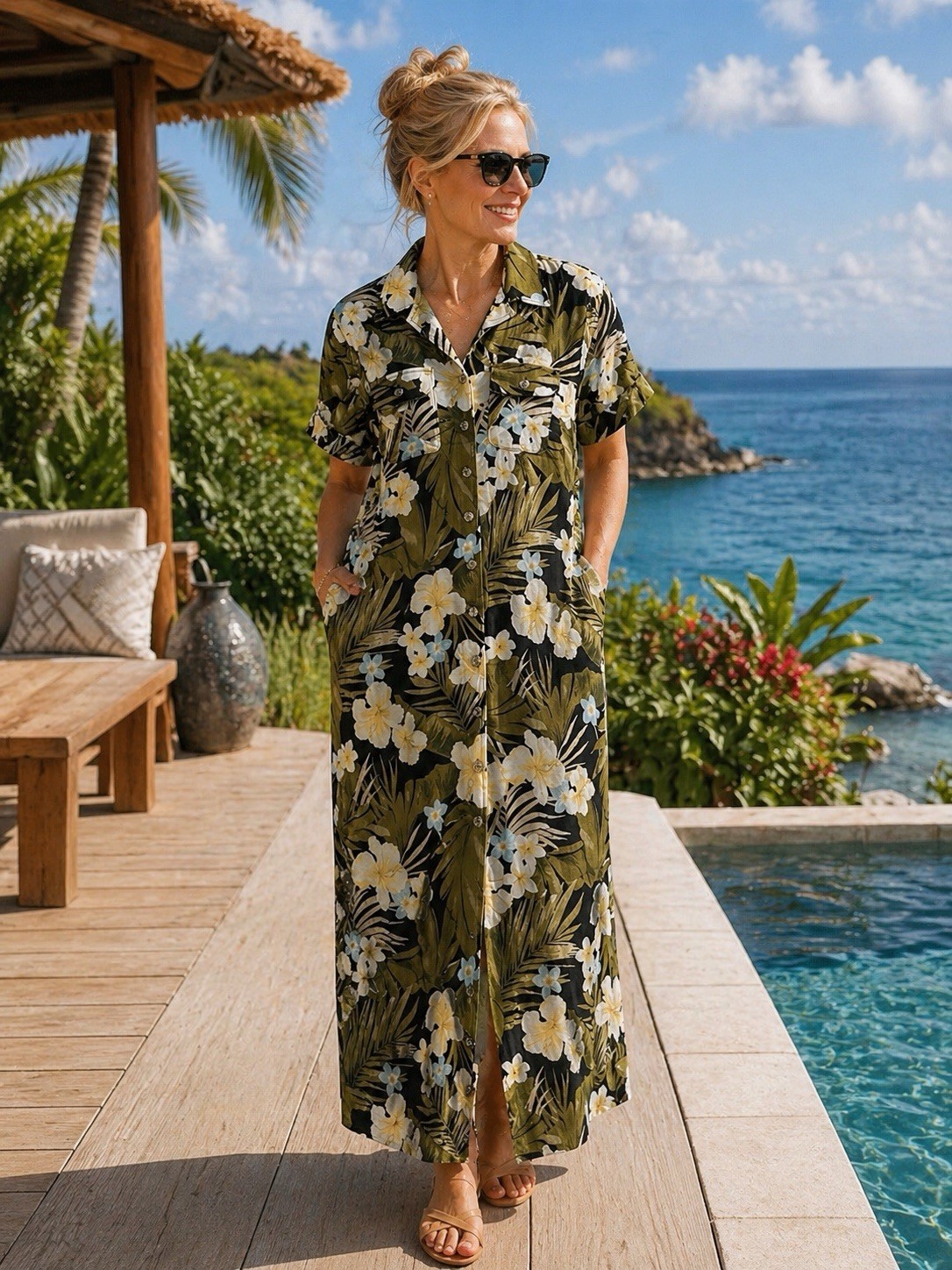 Bahama Beach Dress SZ M Womens Green Black Hawaiian Resort Wear Tropical HH44