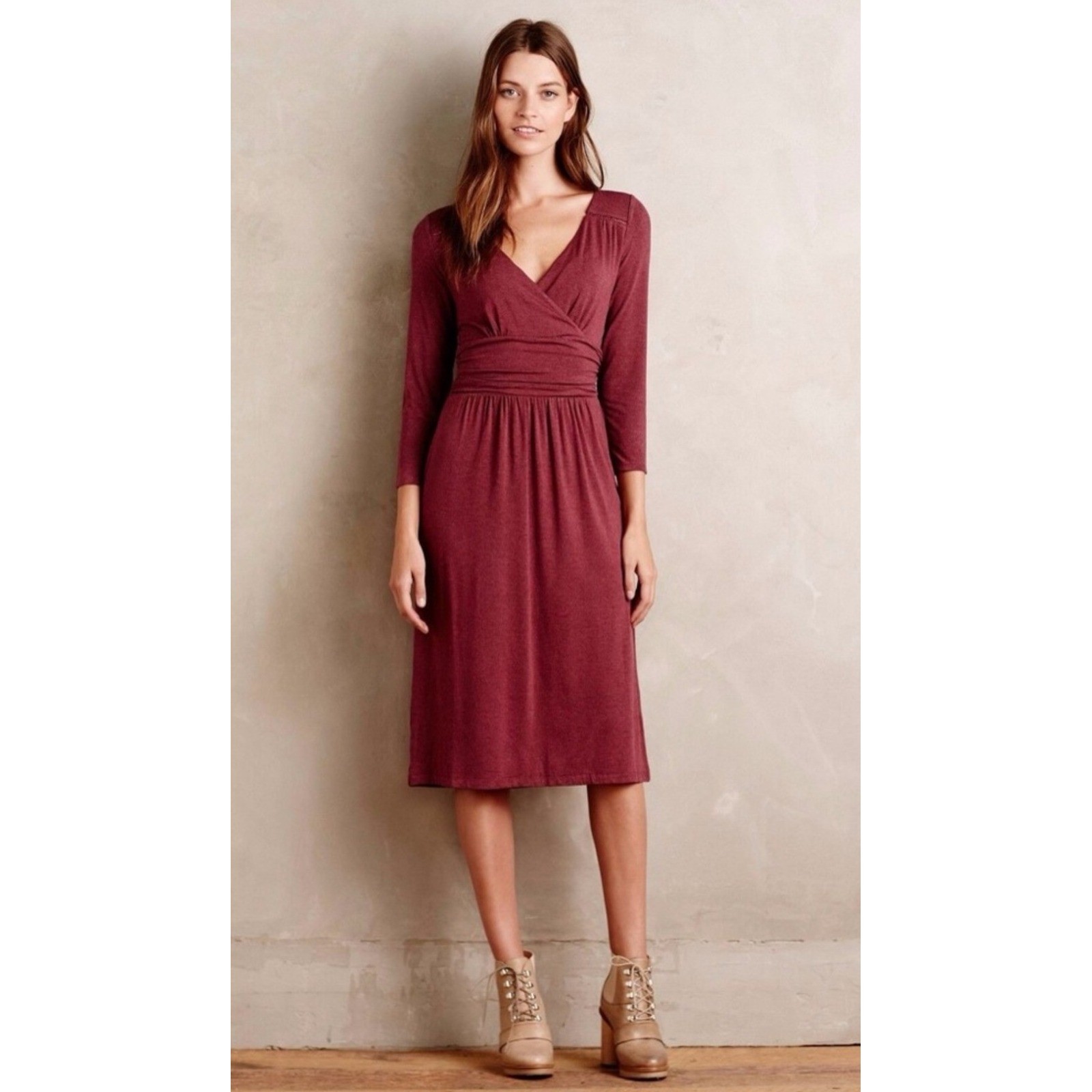 Maeve Anthropologie Dress Women Small Burgundy Galena Midi Boho Preppy Career