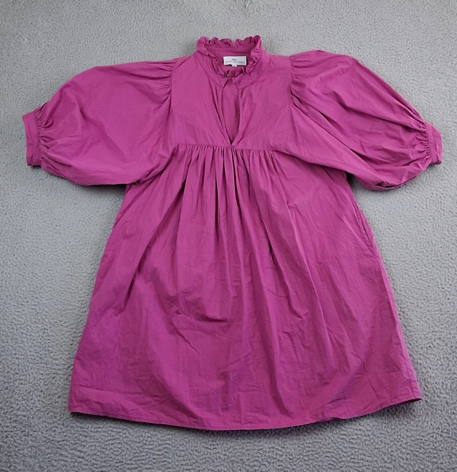 Never A Wallflower High Neck Puff Sleeve Dress Size L Fuchsia Poplin Babydoll