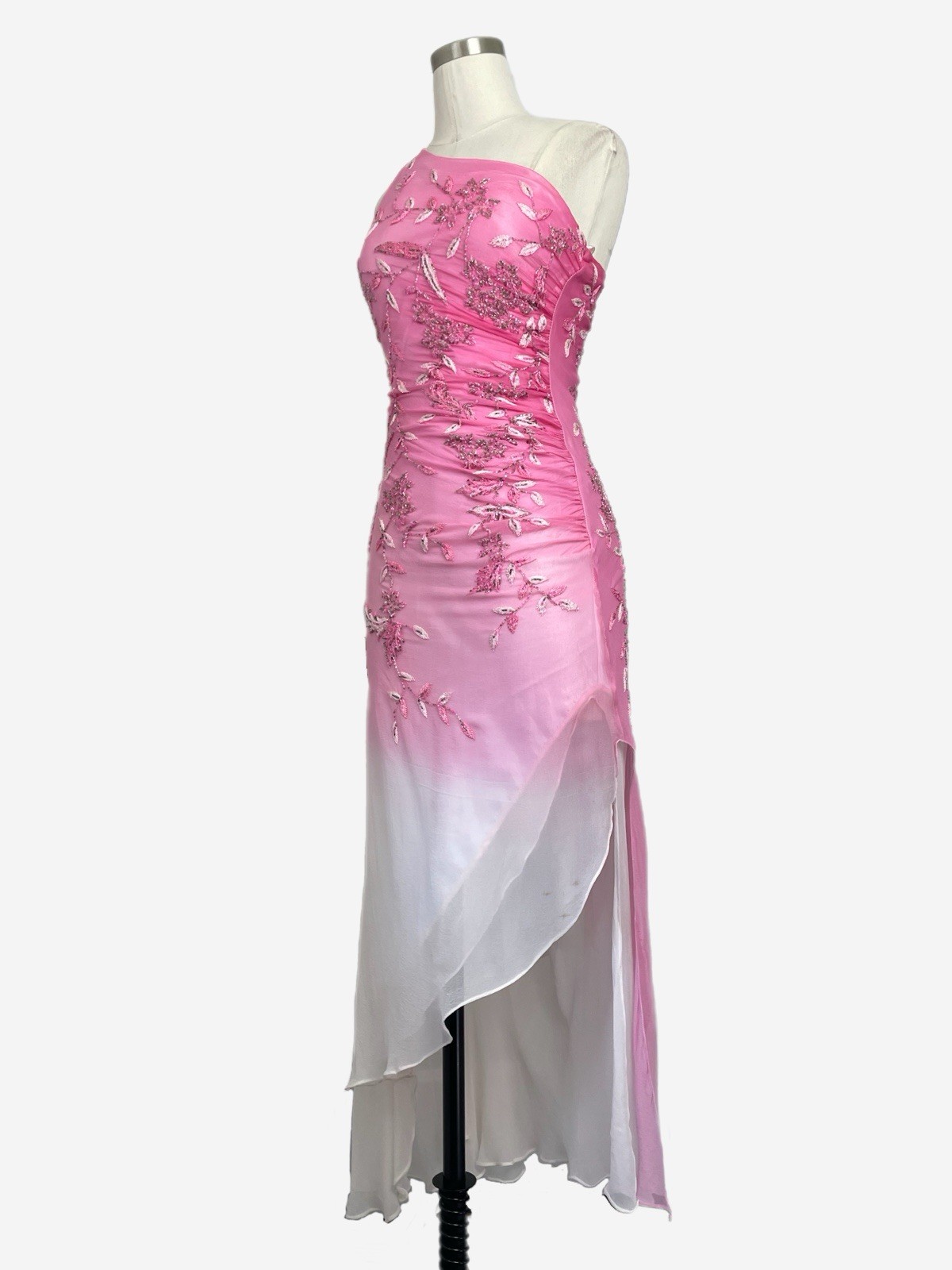 Vintage Y2K Cache Pink white silk ombre floral beaded asymmetric dress fairy XS