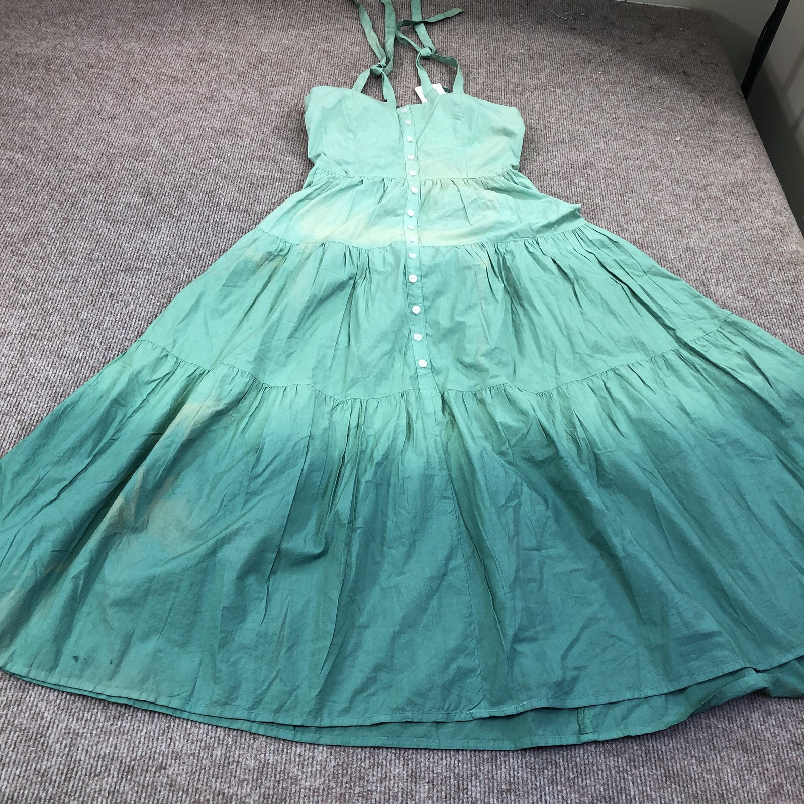 Oliphant Dress Womens XS Ombre Green Tie Strap Button Front Tiered Midi Sundress