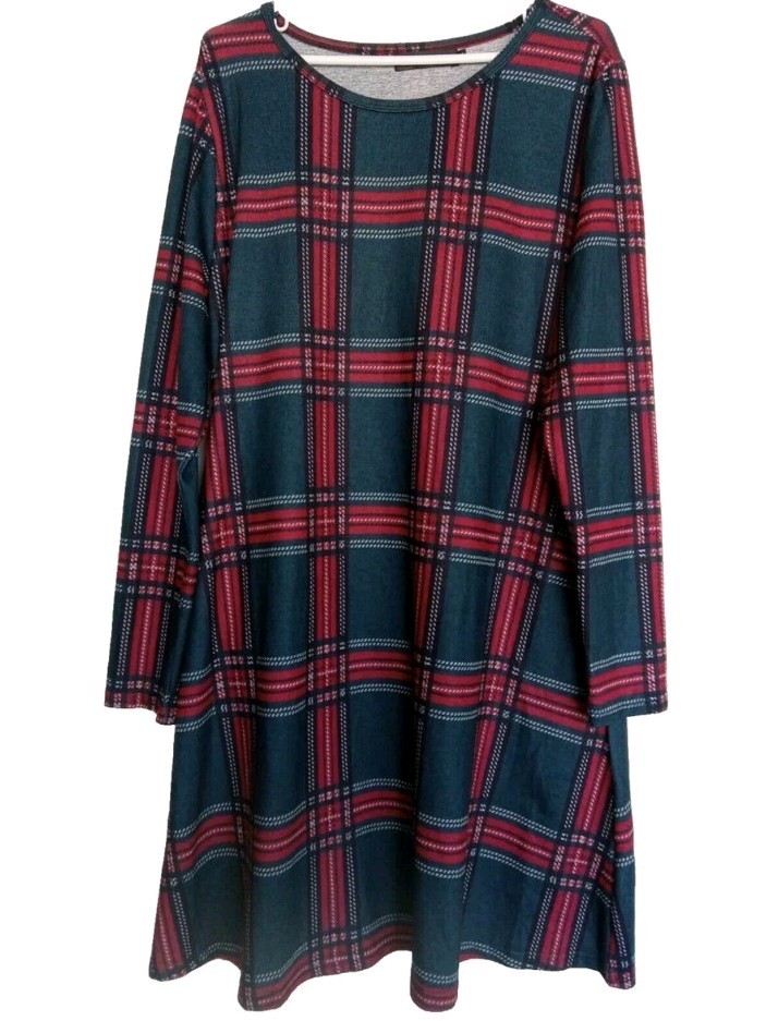 NWT Size L MIROL Holiday Christmas Pockets GREEN RED WHITE PLAID Mid Swing DRESS
