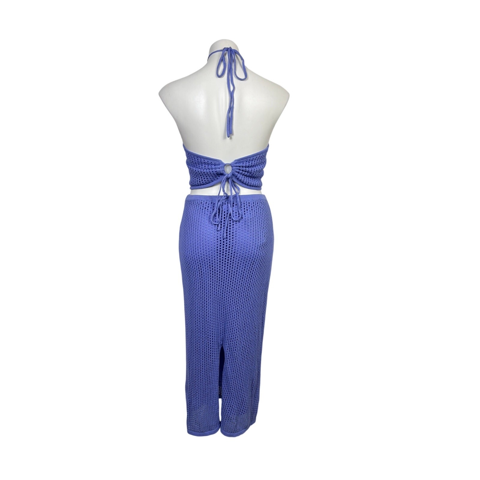 Lulus Sunny Serenity Periwinkle Crochet Cutout Halter Midi Dress Size L NWT
