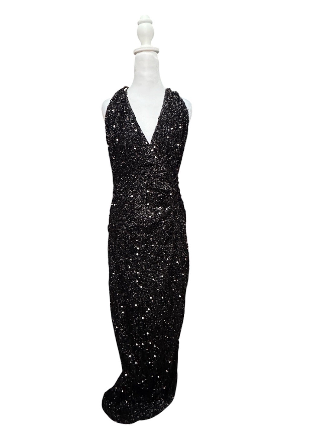 Fashion Nova Womens Hailie Black Sequin Halter Maxi Dress Plunge Slit Glam Sz L
