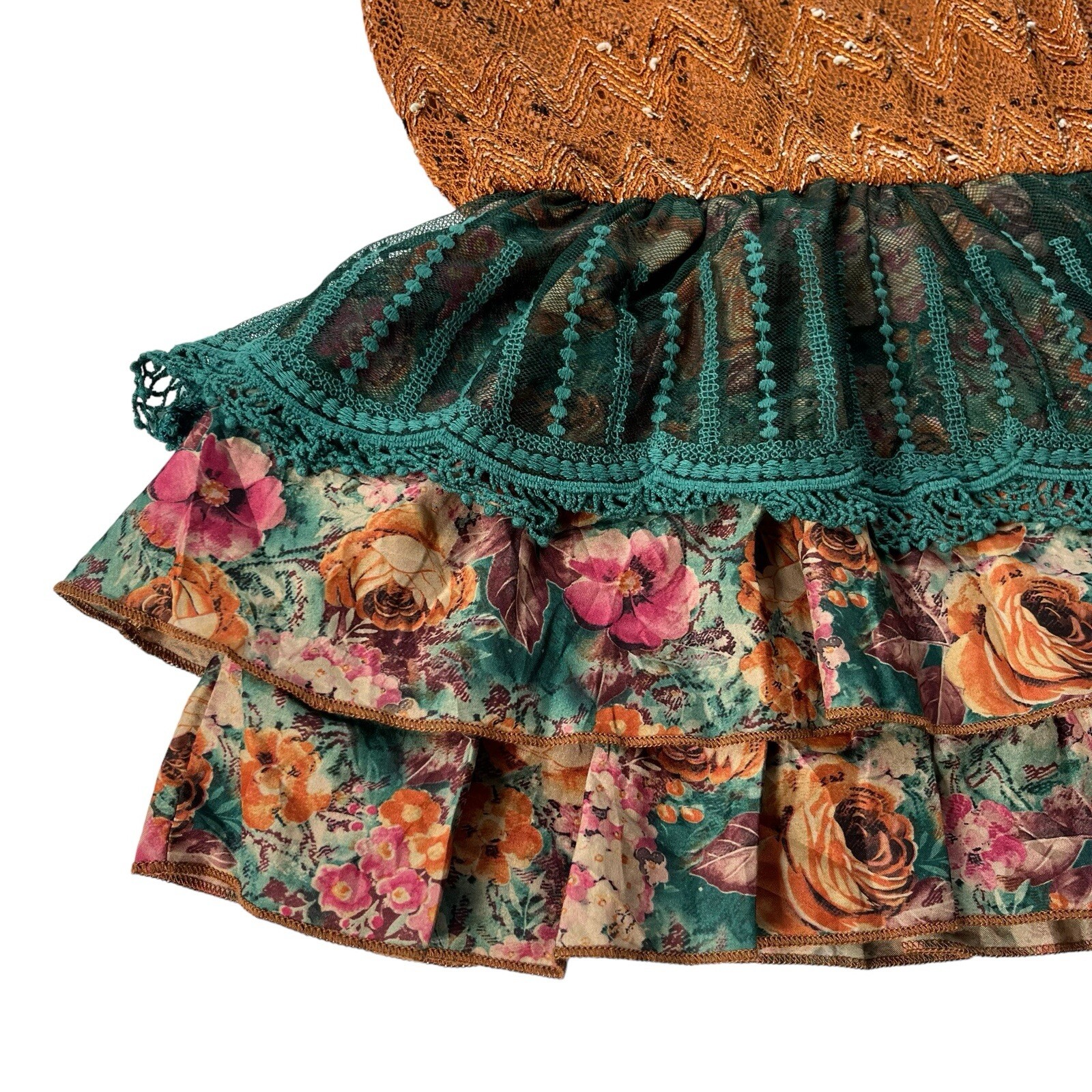 He Juan Womens Medium Brown Teal Sequin Silk Knit Tank Ruffle Layered Mini Dress