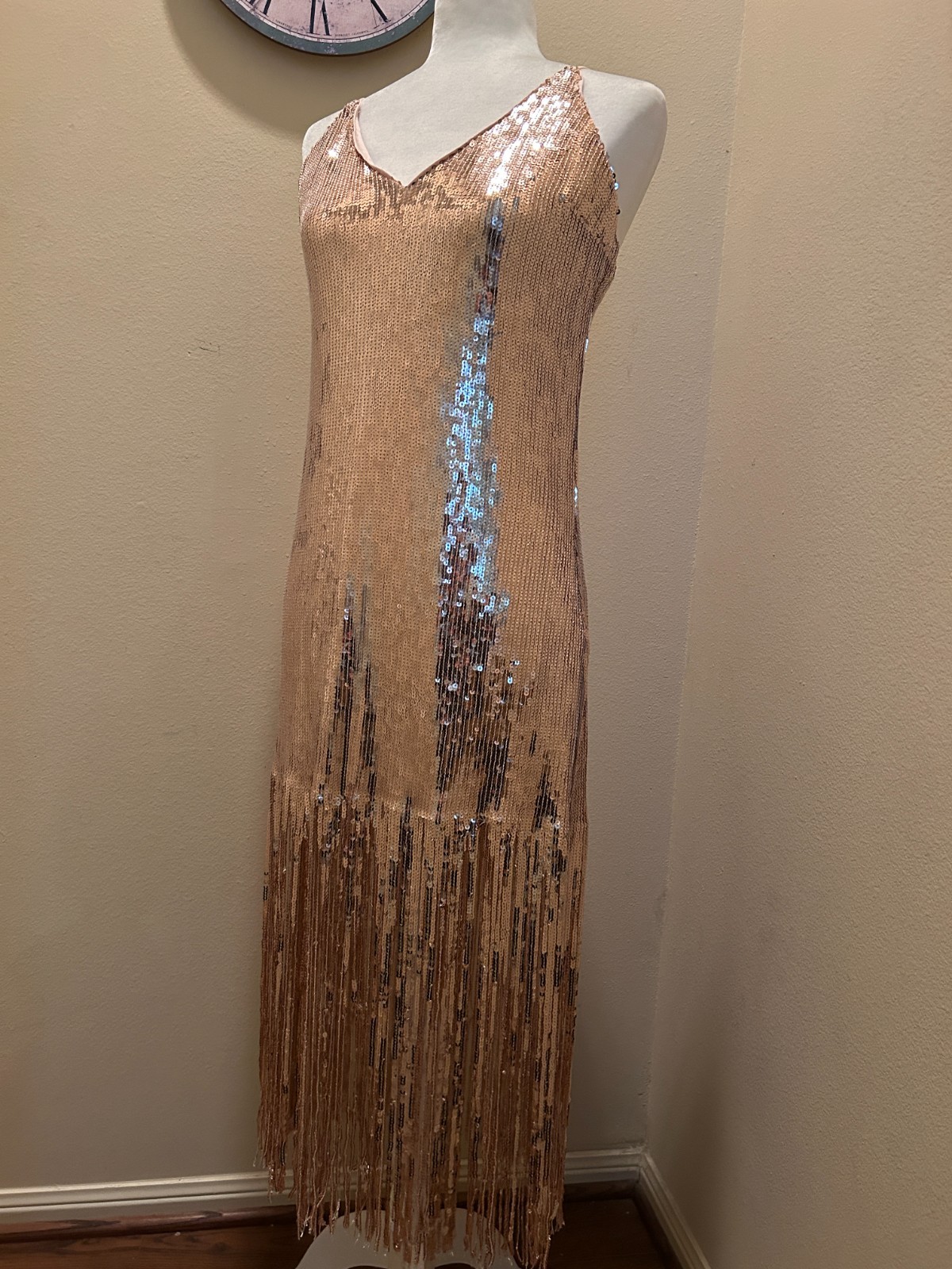 Forever21 Women Midi Sleeveless Dress V-neck Sequin Beaded Layered Tassel