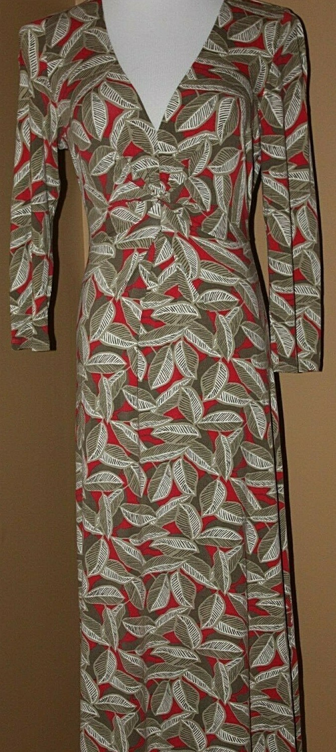 Boden Tan Red Leaf Print Dress Ruched Front 3/4 Sleeves 6