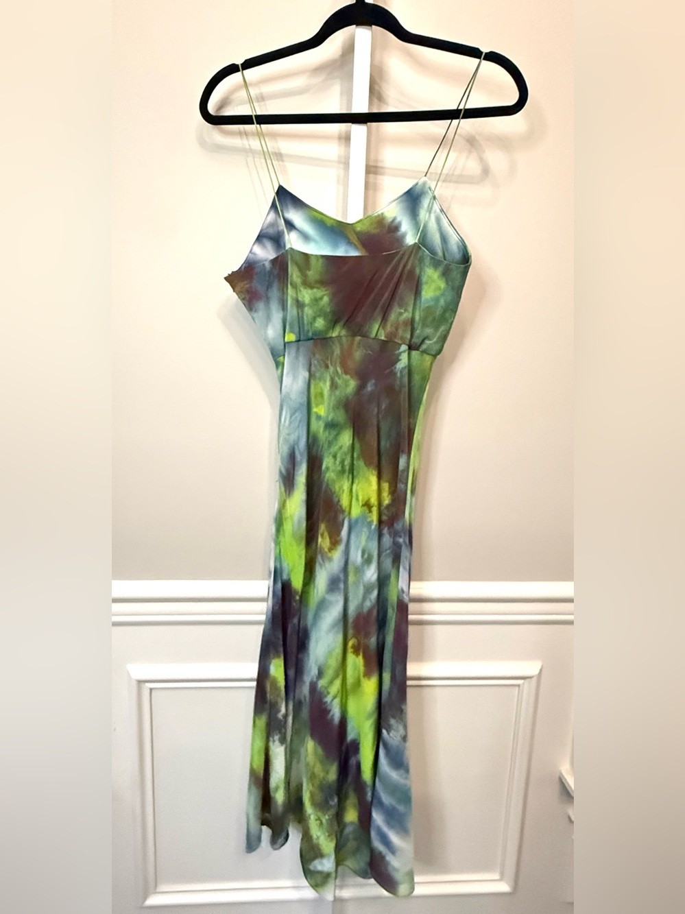 Upstate 100% Silk Midi Slip Dress Green Blue Abstract Tie Dye Size M